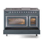 ILVE UN48FNMPBGCLP Nostalgie II Noblesse 48 inch Dual Fuel Range (8 Sealed Burners + Griddle, Liquid Propane, Triple Glass Door, Blue Grey, Chrome)