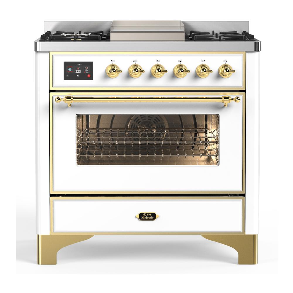 ILVE UM36FNR3WHG Majestic III 36 inch Dual Fuel Range with 6 Black Brass Burners and Griddle, Dual Function Burner up to 25,000 BTU (Triple Glass Door, White, Brass, Natural Gas)