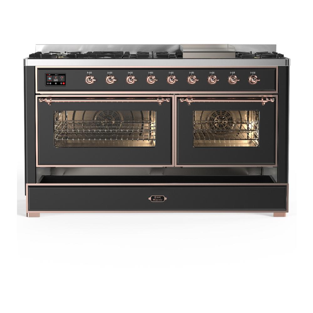 ILVE UM60FNR3MGPLP Majestic III 60 inch Dual Fuel Range with 9 Burners and Griddle, Dual Function Burner up to 25,000 BTU (Liquid Propane, Triple Glass Door, Graphite Matte, Copper)