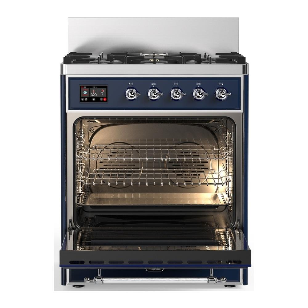 ILVE UM30NR3MBC Majestic III 30 inch Dual Fuel Range with 5 Black Brass Burners, Dual Function Burner up to 25,000 BTU (Natural Gas, Triple Glass Door, Midnight Blue, Chrome)