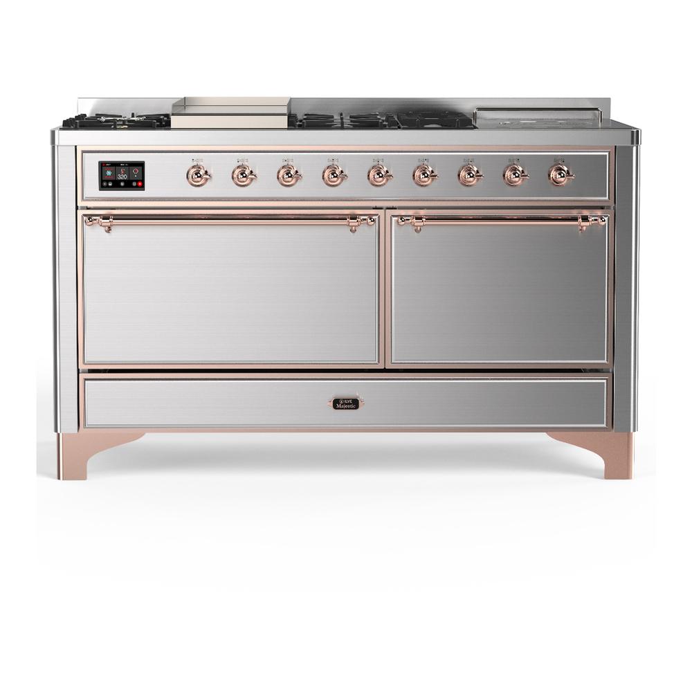 ILVE UM60FSQNR3SSPLP Majestic III 60 inch Dual Fuel Range with 7 Burners, Griddle and French Top, Dual Function Burner with up to 25,000 BTU (Liquid Propane, Solid Door, Stainless Steel, Copper)
