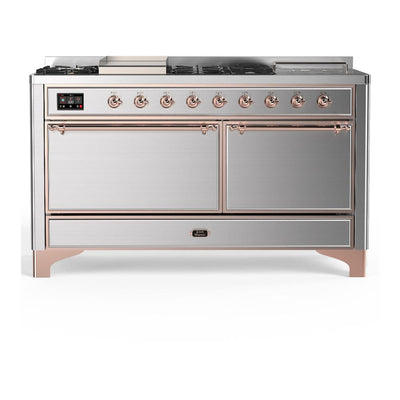 ILVE UM60FSQNR3SSPLP Majestic III 60 inch Dual Fuel Range with 7 Burners, Griddle and French Top, Dual Function Burner with up to 25,000 BTU (Liquid Propane, Solid Door, Stainless Steel, Copper)
