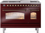 Nostalgie II 48 Inch Dual Fuel Natural Gas Freestanding Range in Burgundy with Bronze Trim