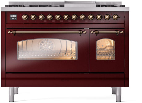 Nostalgie II 48 Inch Dual Fuel Natural Gas Freestanding Range in Burgundy with Bronze Trim