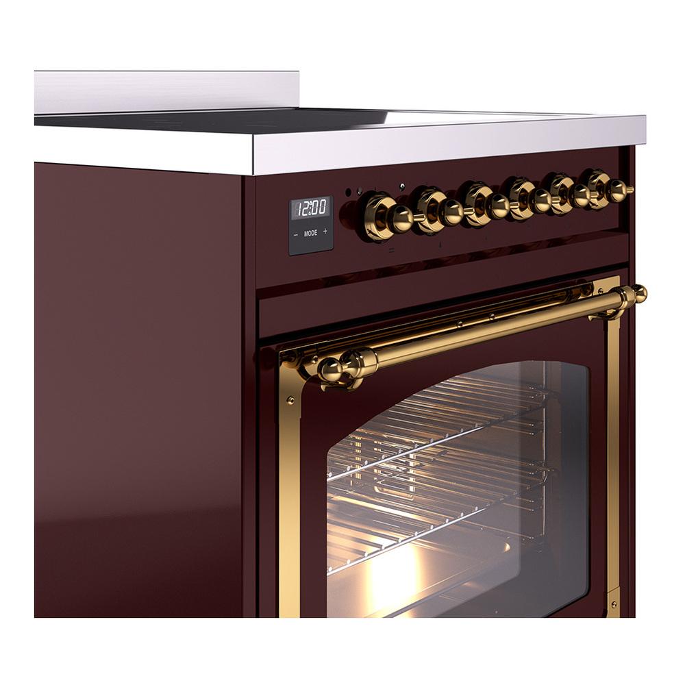 ILVE UNI304NMPBUG Nostalgie II Noblesse 30 inch Induction Range (Triple Glass Door, Burgundy, Brass)