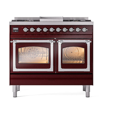 ILVE UND40FNMPBUC Nostalgie II Noblesse 40 inch Dual Fuel Range (Natural Gas, Triple Glass Door, Burgundy, Chrome)