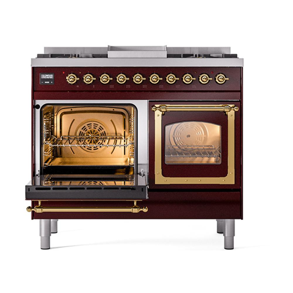 ILVE UND40FNMPBUG Nostalgie II Noblesse 40 inch Dual Fuel Range (Natural Gas, Triple Glass Door, Burgundy, Brass)