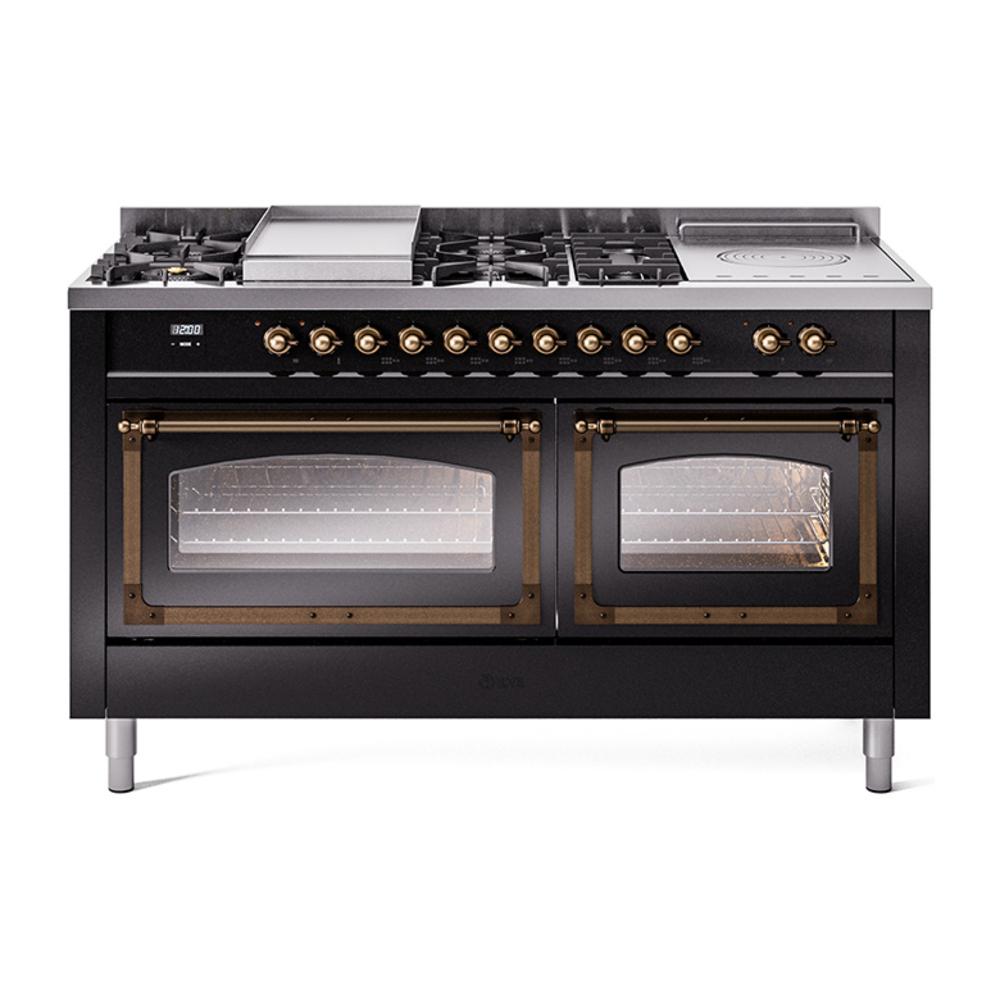 ILVE UN60FSNMPBKB Nostalgie II Noblesse 60 inch Dual Fuel Range (7 Sealed Burners + Griddle + French Top, Natural Gas, Triple Glass Door, Glossy Black, Burnished)