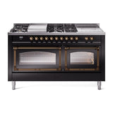ILVE UN60FSNMPBKB Nostalgie II Noblesse 60 inch Dual Fuel Range (7 Sealed Burners + Griddle + French Top, Natural Gas, Triple Glass Door, Glossy Black, Burnished)