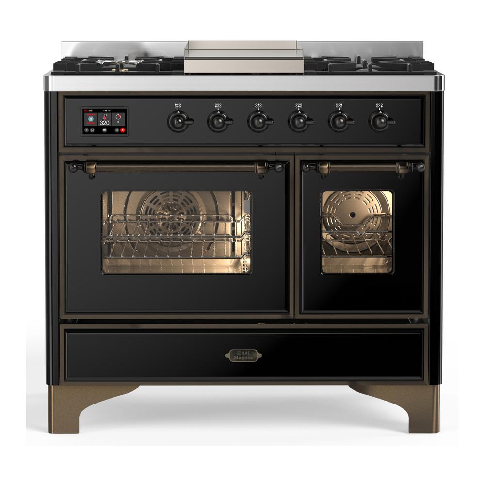 ILVE UMD40FNR3BKBLP Majestic III 40 inch Dual Fuel Range with 6 Burners and Griddle, Dual Function Burner up to 25,000 BTU (Liquid Propane, Triple Glass Door, Glossy Black, Burnished)