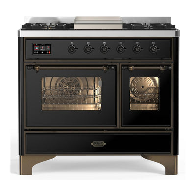 ILVE UMD40FNR3BKBLP Majestic III 40 inch Dual Fuel Range with 6 Burners and Griddle, Dual Function Burner up to 25,000 BTU (Liquid Propane, Triple Glass Door, Glossy Black, Burnished)