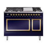 ILVE UN48FQNMPMBG Nostalgie II Noblesse 48 inch Dual Fuel Range (8 Sealed Burners + Griddle, Natural Gas, Solid Door, Midnight Blue, Brass)