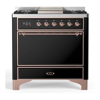 ILVE UM36FQNR3BKPLP Majestic III 36 inch Dual Fuel Range with 6 Black Brass Burners and Griddle, Dual Function Burner up to 25,000 BTU (Solid Door, Glossy Black, Copper, Liquid Propane)