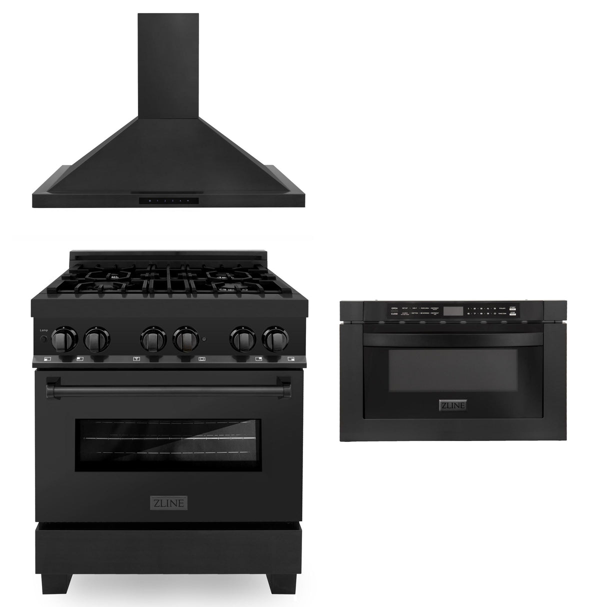 ZLINE 30" Kitchen Package with Black Stainless Steel Dual Fuel Range, Convertible Vent Range Hood and Microwave Drawer (3KP-RABRH30-MW)