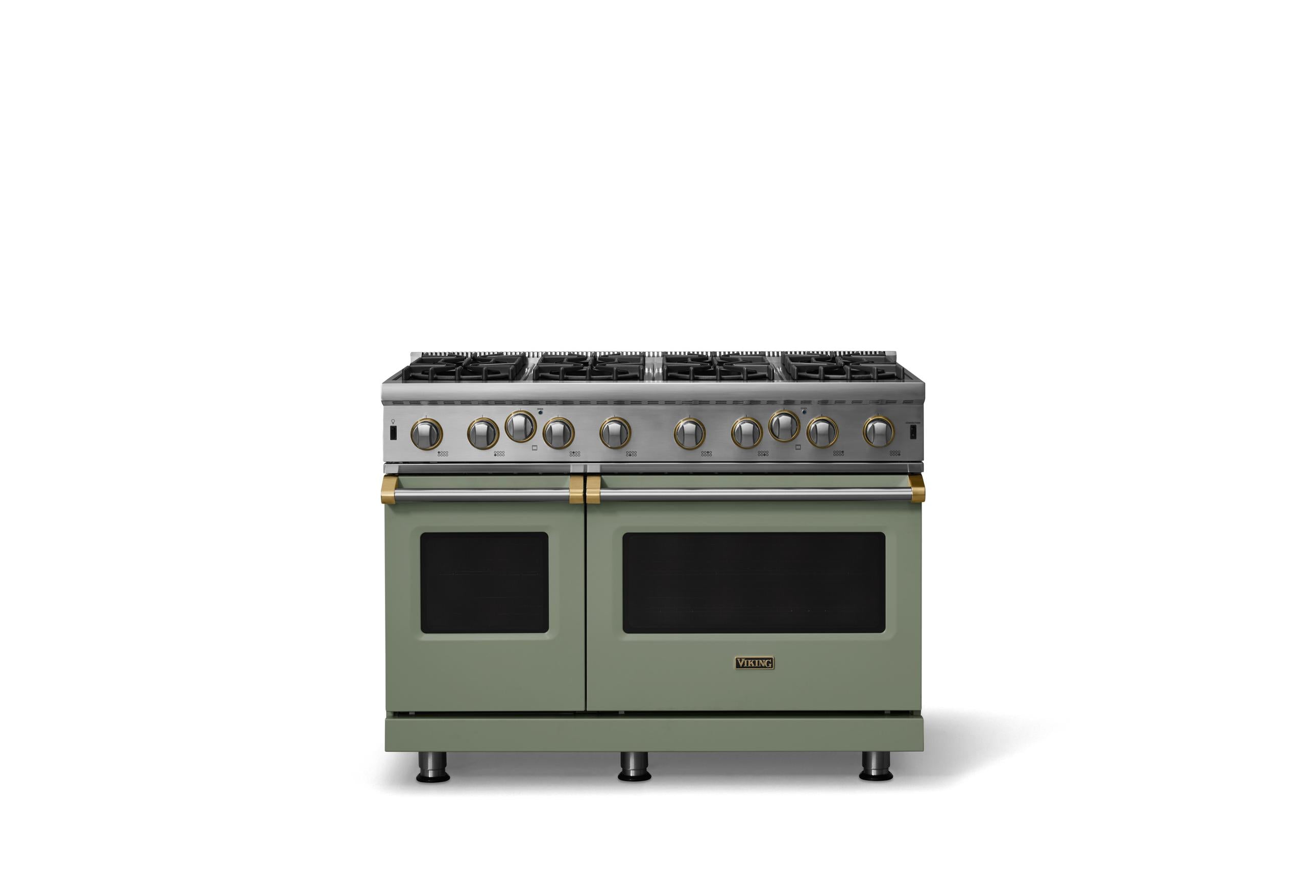 48"W. Open Burner Gas Range (Finish: Eucalyptus, Trim: Brushed Brass, Fuel: Propane)