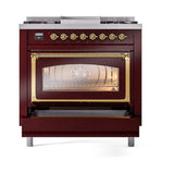 ILVE UN36FNMPBUG Nostalgie II Noblesse 36 inch Dual Fuel Range (Natural Gas, Triple Glass Door, Burgundy, Brass)