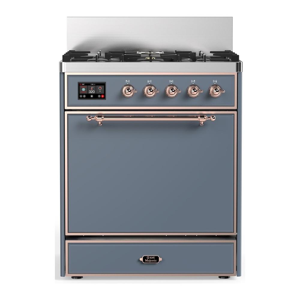 ILVE UM30QNR3BGP Majestic III 30 inch Dual Fuel Range with 5 Black Brass Burners, Dual Function Burner up to 25,000 BTU (Natural Gas, Solid Door, Blue Grey, Copper)