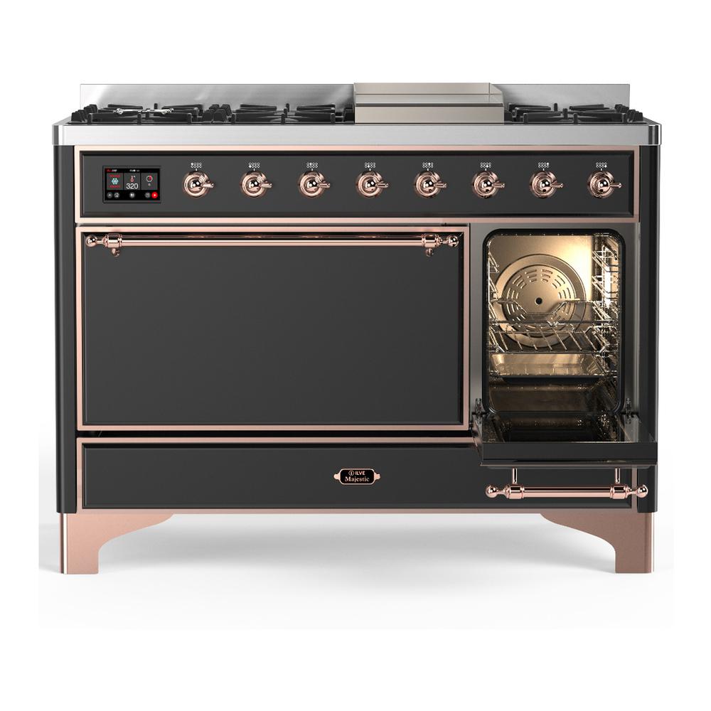 ILVE UM48FQNR3MGP Majestic III 48 inch Dual Fuel Range with 8 Burners and Griddle, Dual Function Burner up to 25,000 BTU (Natural Gas, Solid Door, Graphite Matte, Copper)