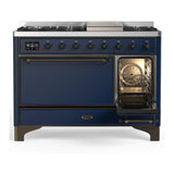 ILVE UM48FQNR3MBBLP Majestic III 48 inch Dual Fuel Range with 8 Burners and Griddle, Dual Function Burner up to 25,000 BTU (Liquid Propane, Solid Door, Midnight Blue, Burnished)