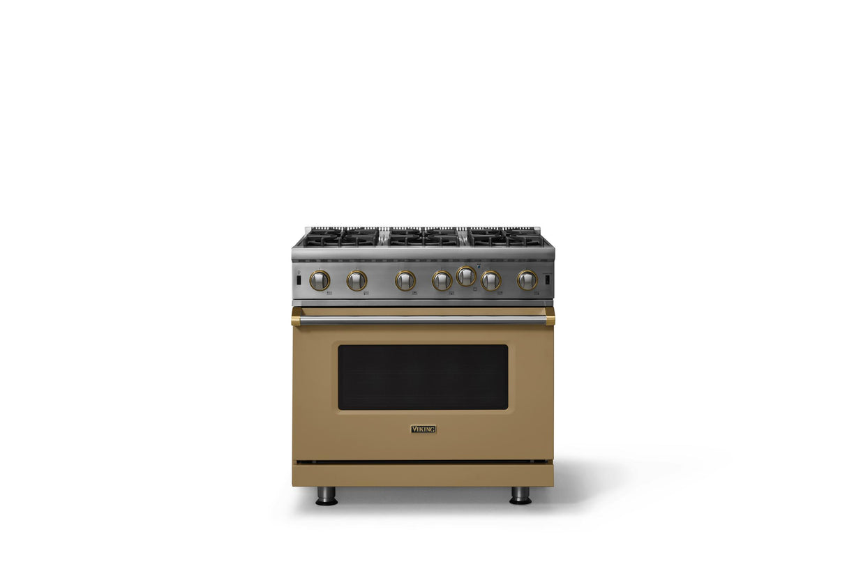 36"W. Open Burner Gas Range (Finish: Golden Hour, Trim: Brushed Brass, Fuel: Propane)