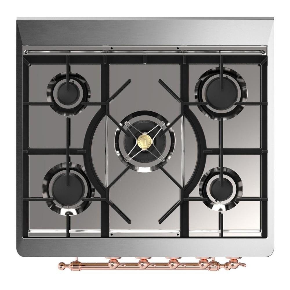 ILVE UM30QNR3MBPLP Majestic III 30 inch Dual Fuel Range with 5 Black Brass Burners, Dual Function Burner up to 25,000 BTU (Liquid Propane, Solid Door, Midnight Blue, Copper)