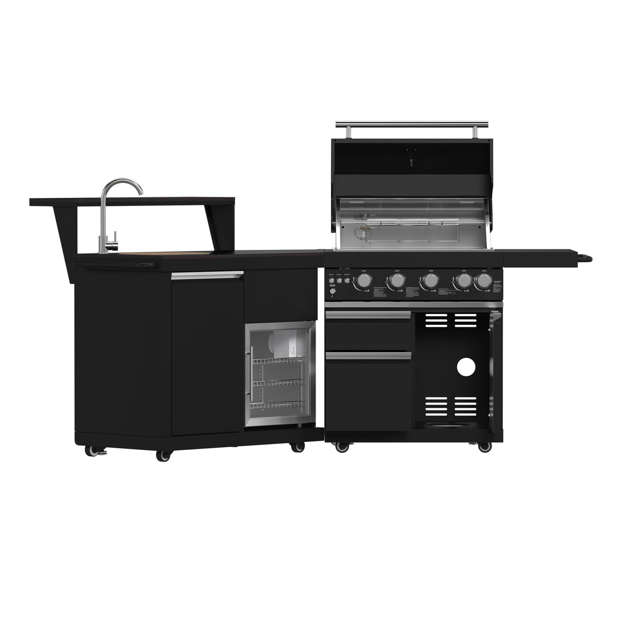 Forno All Aperto 62,600 BTU BBQ, 3 Stainless Steel Burners, Infrared Burners, Sink Module, Black Sintered Stone Countertops, Bar and Beverage Center