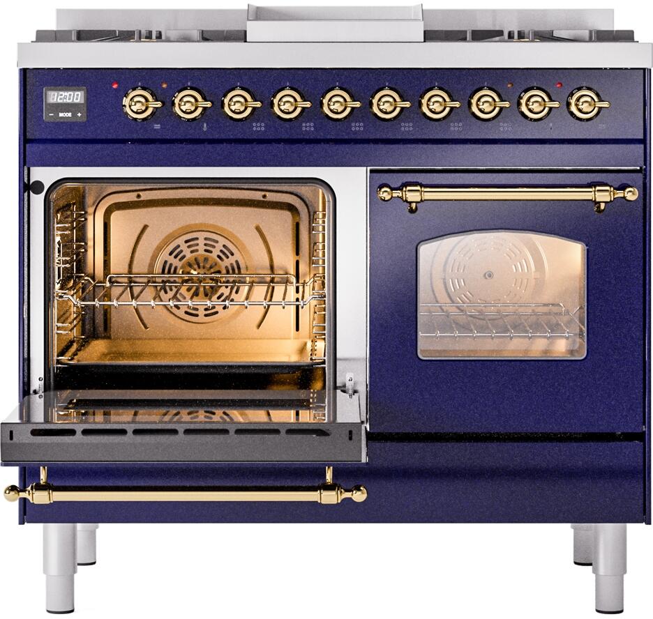 Nostalgie II 40 Inch Dual Fuel Natural Gas Freestanding Range in Blue with Brass Trim