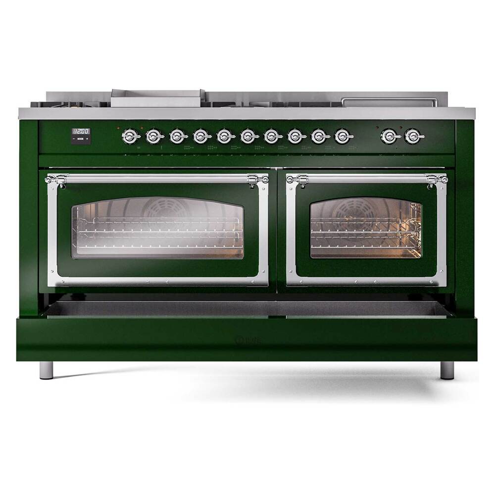 ILVE UN60FSNMPEGC Nostalgie II Noblesse 60 inch Dual Fuel Range (7 Sealed Burners + Griddle + French Top, Natural Gas, Triple Glass Door, Emerald Green, Chrome)