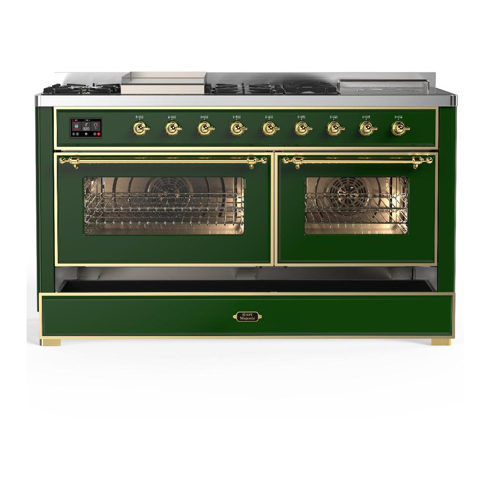 ILVE UM60FSNR3EGGLP Majestic III 60 inch Dual Fuel Range with 7 Burners, Griddle and French Top, Dual Function Burner with up to 25,000 BTU (Liquid Propane, Triple Glass Door, Emerald Green, Brass)