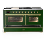 ILVE UM60FSNR3EGGLP Majestic III 60 inch Dual Fuel Range with 7 Burners, Griddle and French Top, Dual Function Burner with up to 25,000 BTU (Liquid Propane, Triple Glass Door, Emerald Green, Brass)