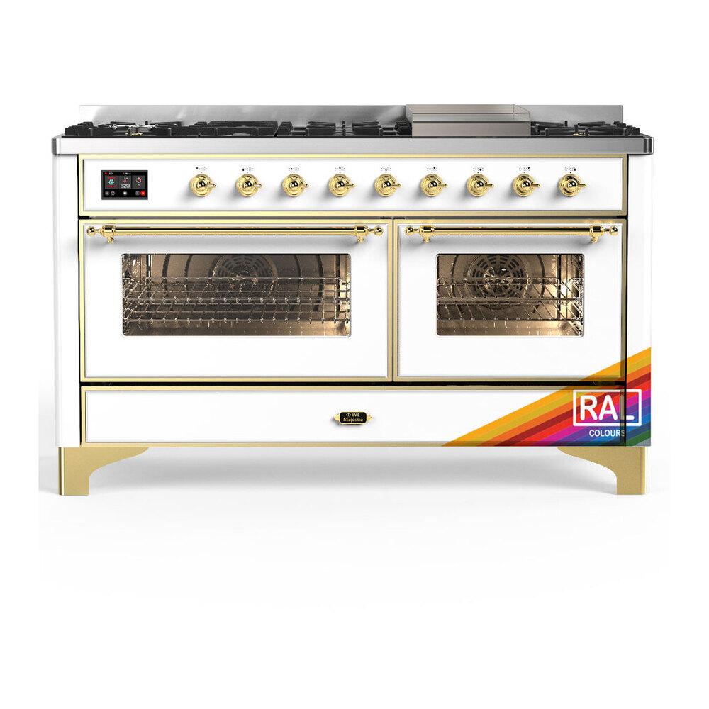 ILVE UM60FNR3RAGLP Majestic III 60 inch Dual Fuel Range with 9 Burners and Griddle, Dual Function Burner up to 25,000 BTU (Liquid Propane, Triple Glass Door, RAL, Brass)