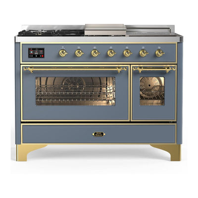 ILVE UM48FSNR3BGGLP Majestic III 48 inch Dual Fuel Range with 5 Black Brass Burners, Griddle and French Top, Dual Function Burner up to 25,000 BTU (Liquid Propane, Triple Glass Door, Blue Grey, Brass)