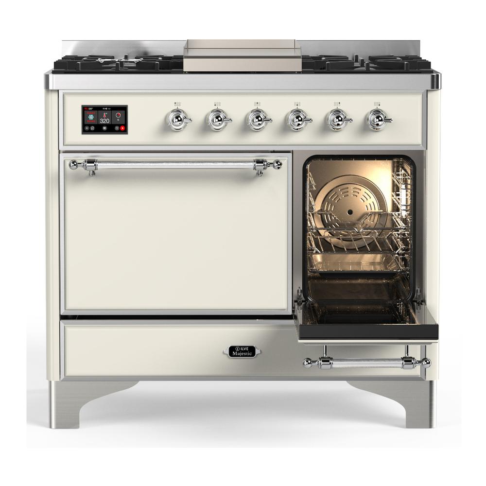ILVE UMD40FQNR3AWC Majestic III 40 inch Dual Fuel Range with 6 Burners and Griddle, Dual Function Burner up to 25,000 BTU (Natural Gas, Solid Door, Antique White, Chrome)