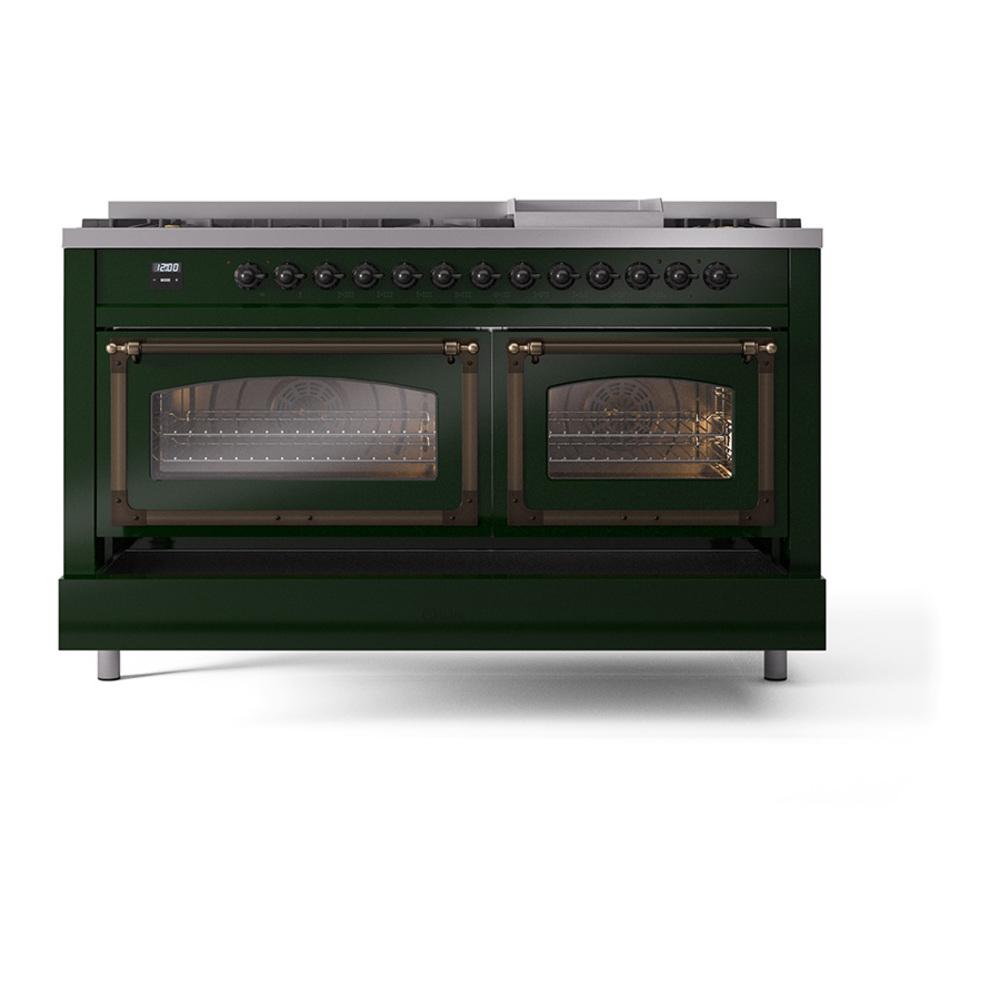 ILVE UN60FNMPEGBLP Nostalgie II Noblesse 60 inch Dual Fuel Range (9 Sealed Burners + Griddle, Liquid Propane, Triple Glass Door, Emerald Green, Burnished)