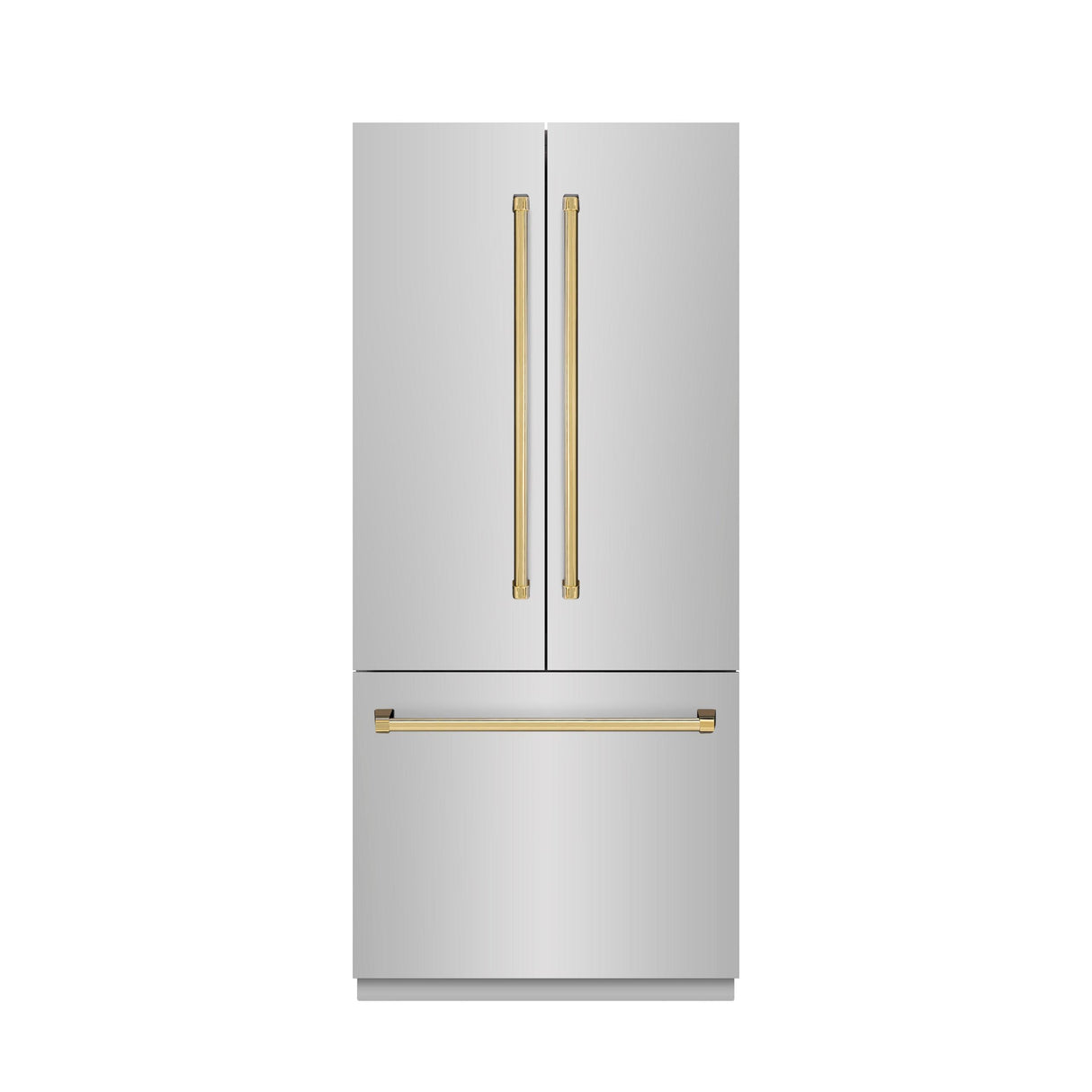 ZLINE Autograph Edition 36 in. 19.6 cu. ft. French Door Built-In Bottom Freezer Refrigerator with Water Dispenser and Ice Maker in Stainless Steel with Graphite Gray Interior and Polished Gold Accents (GRBIVZ-304-36G)