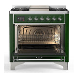 ILVE UM36FQNR3EGCLP Majestic III 36 inch Dual Fuel Range with 6 Black Brass Burners and Griddle, Dual Function Burner up to 25,000 BTU (Solid Door, Emerald Green, Chrome, Liquid Propane)