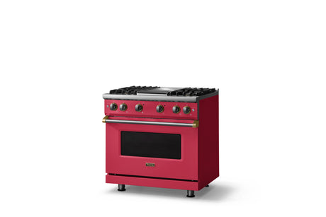 36"W. Sealed Burner Gas Range (Burner: 4g, Finish: Valentine, Trim: Brushed Brass, Fuel: Natural Gas)