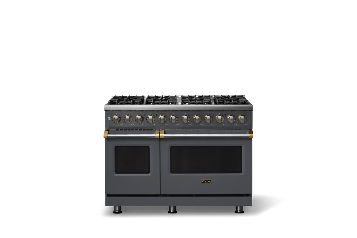 48"W. Dual Fuel Range (Burner: 8b, Finish: Cast Black, Trim: Brushed Brass, Fuel: Propane)