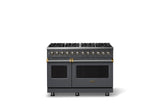 48"W. Dual Fuel Range (Burner: 8b, Finish: Cast Black, Trim: Brushed Brass, Fuel: Natural Gas)
