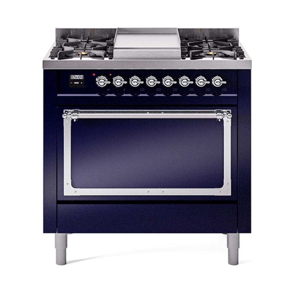 ILVE UN36FQNMPMBC Nostalgie II Noblesse 36 inch Dual Fuel Range (Natural Gas, Solid Door, Midnight Blue, Chrome)