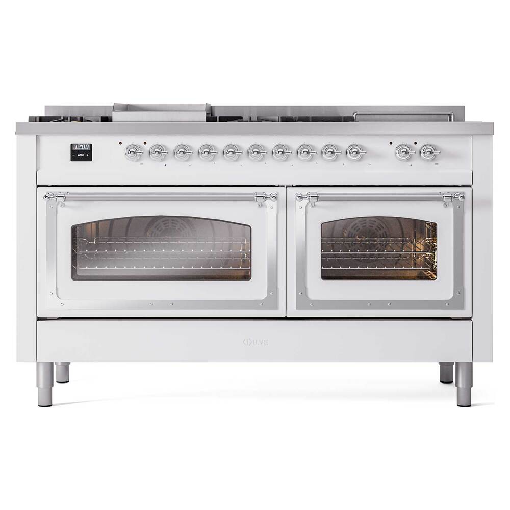 ILVE UN60FSNMPRACLP Nostalgie II Noblesse 60 inch Dual Fuel Range (7 Sealed Burners + Griddle + French Top, Liquid Propane, Triple Glass Door, RAL, Chrome)