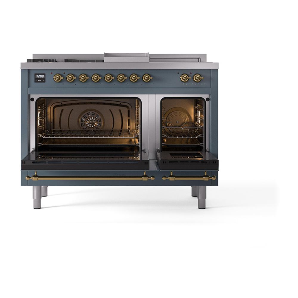 ILVE UN48FSNMPBGGLP Nostalgie II Noblesse 48 inch Dual Fuel Range (5 Sealed Burners + Griddle + French Top, Liquid Propane, Triple Glass Door, Blue Grey, Brass)