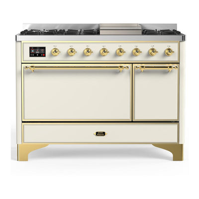 ILVE UM48FQNR3AWGLP Majestic III 48 inch Dual Fuel Range with 8 Burners and Griddle, Dual Function Burner up to 25,000 BTU (Liquid Propane, Solid Door, Antique White, Brass)