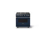 36"W. Sealed Burner Gas Range (Burner: 6b, Finish: Slate Blue, Trim: Brushed Brass, Fuel: Natural Gas)