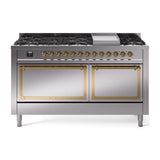 ILVE UN60FQNMPSSG Nostalgie II Noblesse 60 inch Dual Fuel Range (9 Sealed Burners + Griddle, Natural Gas, Solid Door, Stainless Steel, Brass)