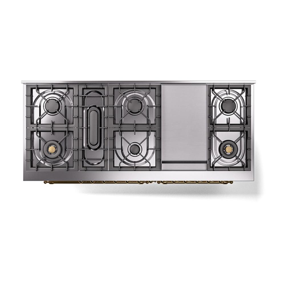 ILVE UN60FNMPAWG Nostalgie II Noblesse 60 inch Dual Fuel Range (9 Sealed Burners + Griddle, Natural Gas, Triple Glass Door, Antique White, Brass)