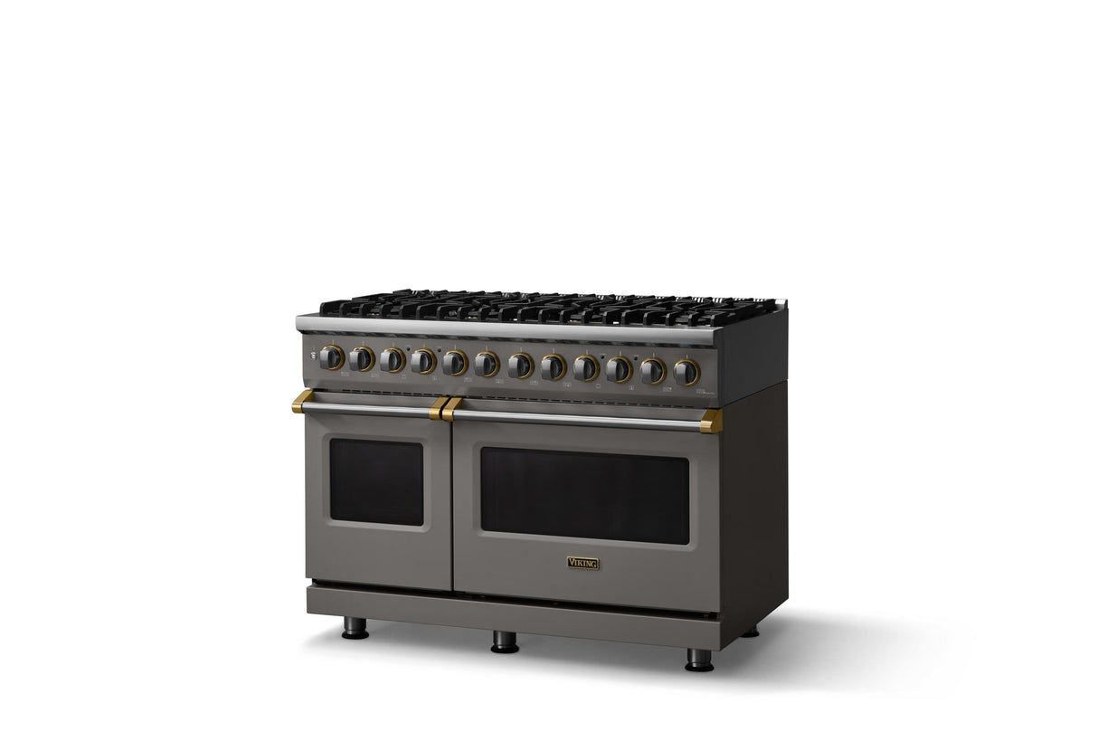 48"W. Dual Fuel Range (Burner: 8b, Finish: Damascus Gray, Trim: Brushed Brass, Fuel: Propane)