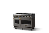 48"W. Dual Fuel Range (Burner: 8b, Finish: Damascus Gray, Trim: Brushed Brass, Fuel: Propane)