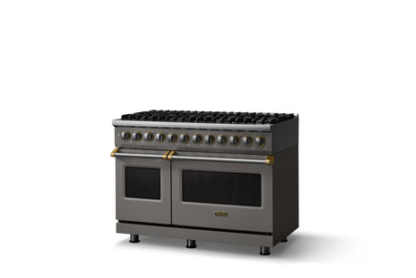 48"W. Dual Fuel Range (Burner: 8b, Finish: Damascus Gray, Trim: Brushed Brass, Fuel: Propane)