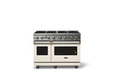 48"W. Open Burner Gas Range (Finish: Pure White, Trim: Brushed Brass, Fuel: Natural Gas)
